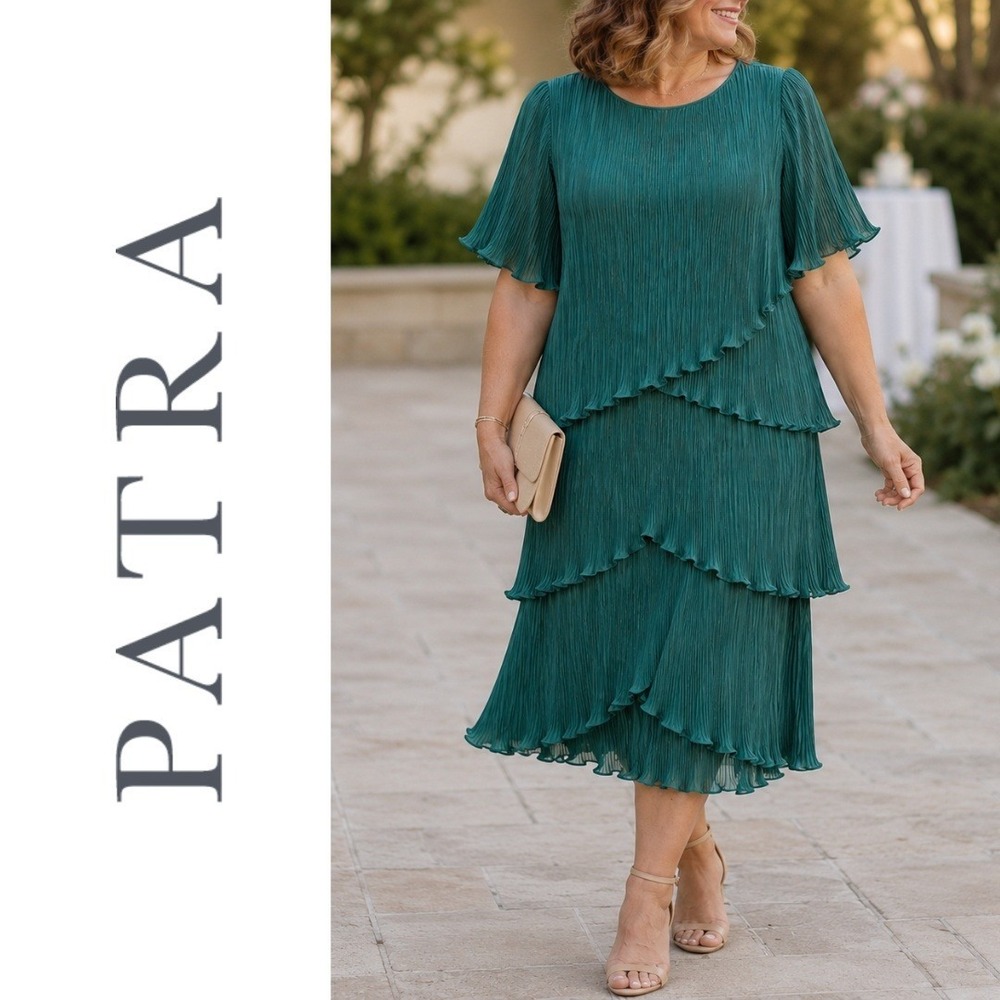 Patra, Teal Green Pleated Tiered Ruffle Midi Dress Hi Low Short Sleeve Size 16